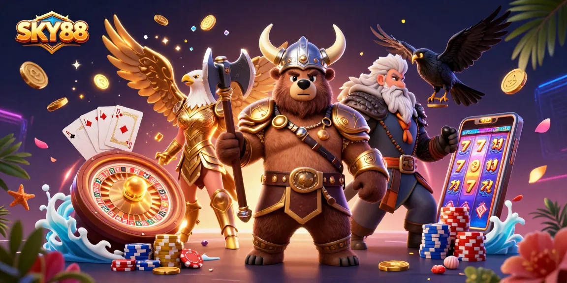 Experience the excitement of SKY88 with a dynamic casino scene featuring vibrant characters and game elements.