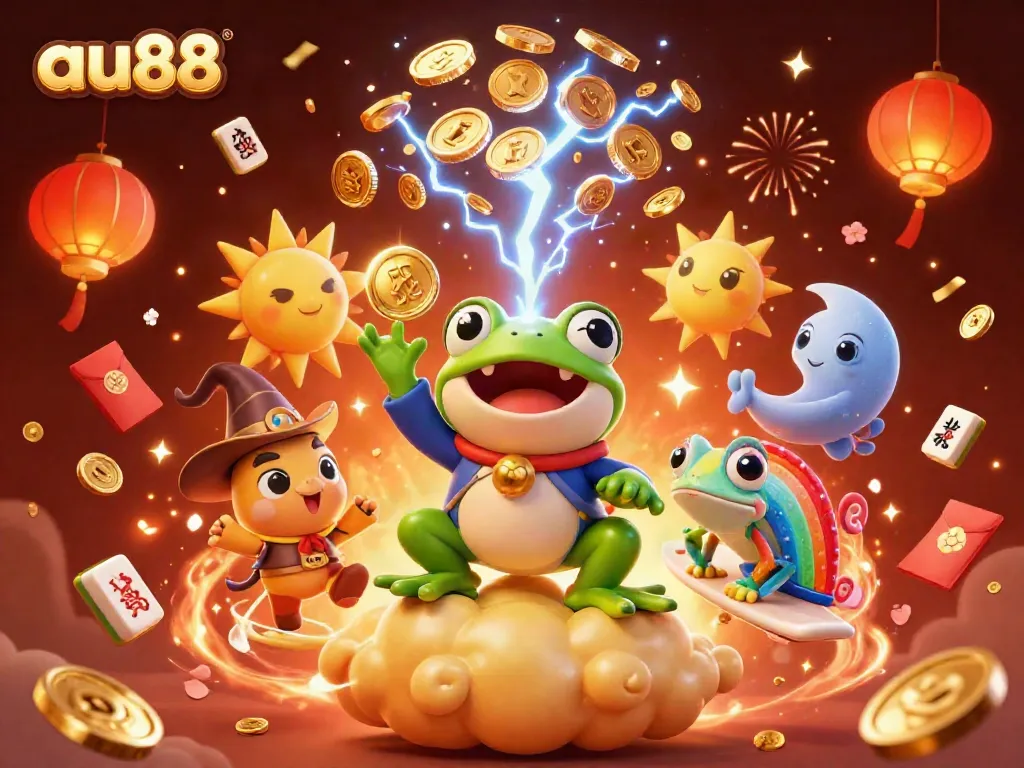 Experience exciting gameplay at au88 with a magical golden coin storm, vibrant characters, and celebratory elements.