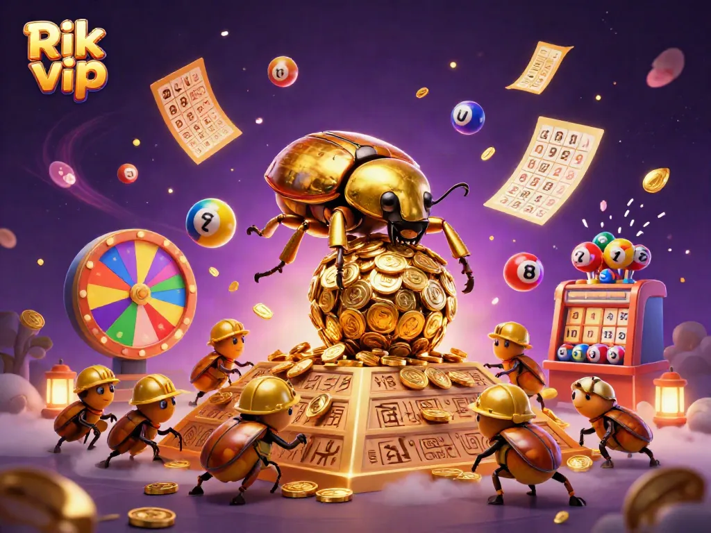 Experience the thrill of Rik vip with a golden beetle and vibrant casino elements in dynamic action.