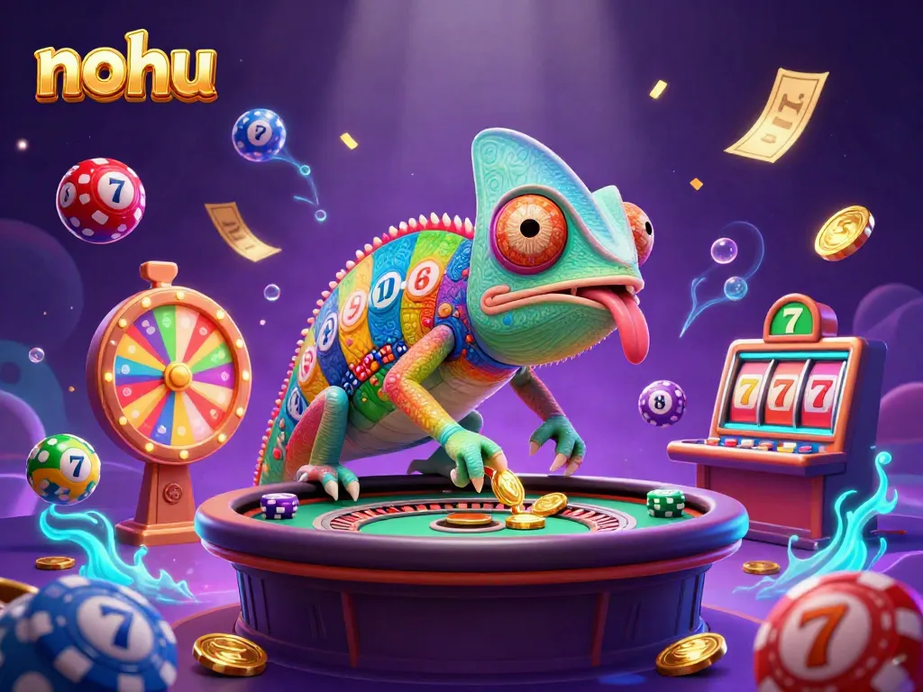 Nohu chameleon casino owning vibrant slot games and colorful lottery balls fill the scene.