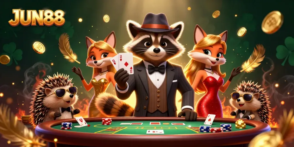 Experience the excitement of JUN88 with a charming raccoon, fox, and hedgehog in a vibrant poker scene.