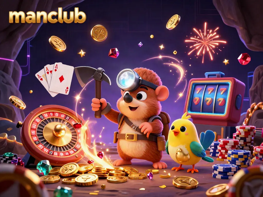 Experience excitement at Manclub as a treasure hunter mole uncovers gems amidst cascading coins.