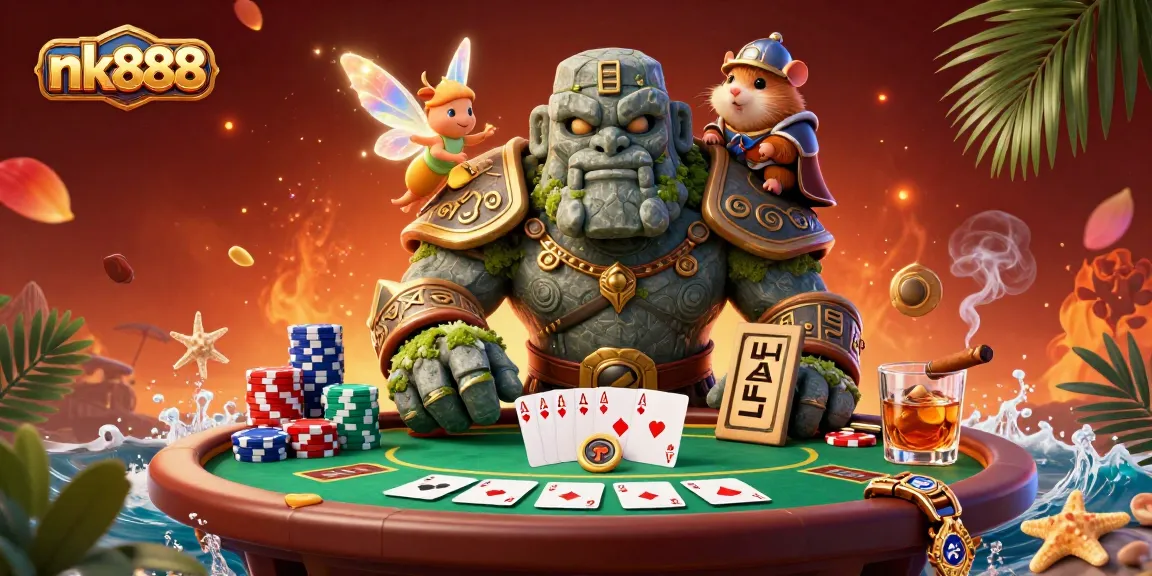 Experience the excitement of nk888 with vibrant characters enjoying a lively poker game surrounded by casino elements.