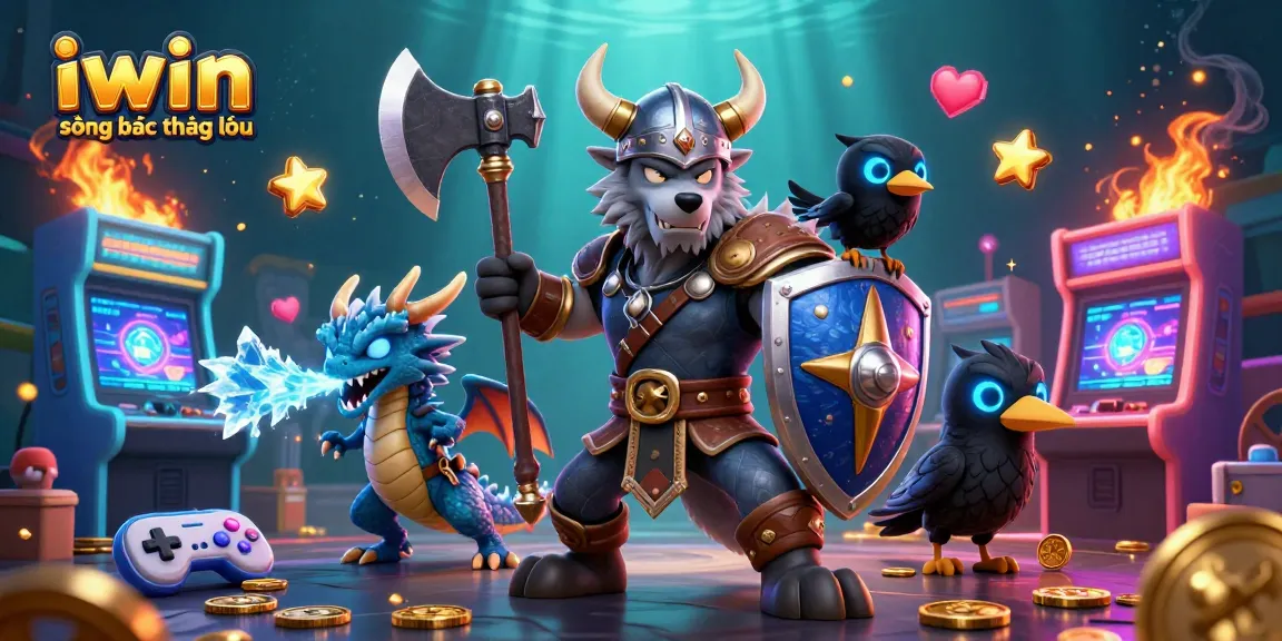 Engage with iwin sòng bạc thượng lưu's vibrant slot experience featuring a wolf warrior, dragon, and casino-themed elements.