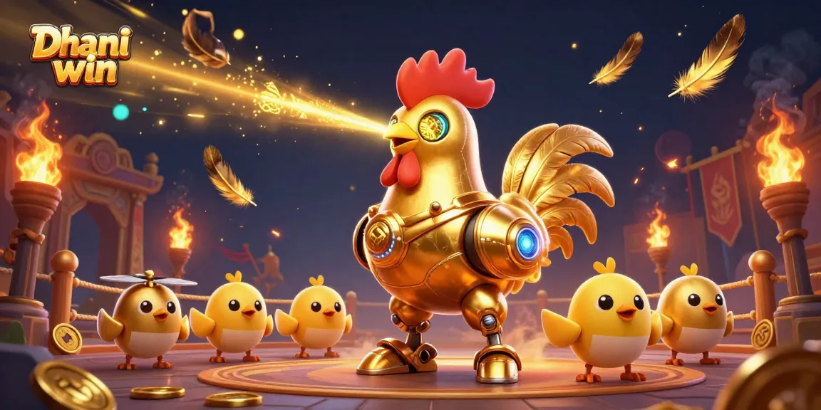 Dhani win features an exciting golden rooster robot and baby chick drones in a vibrant casino-themed scene.
