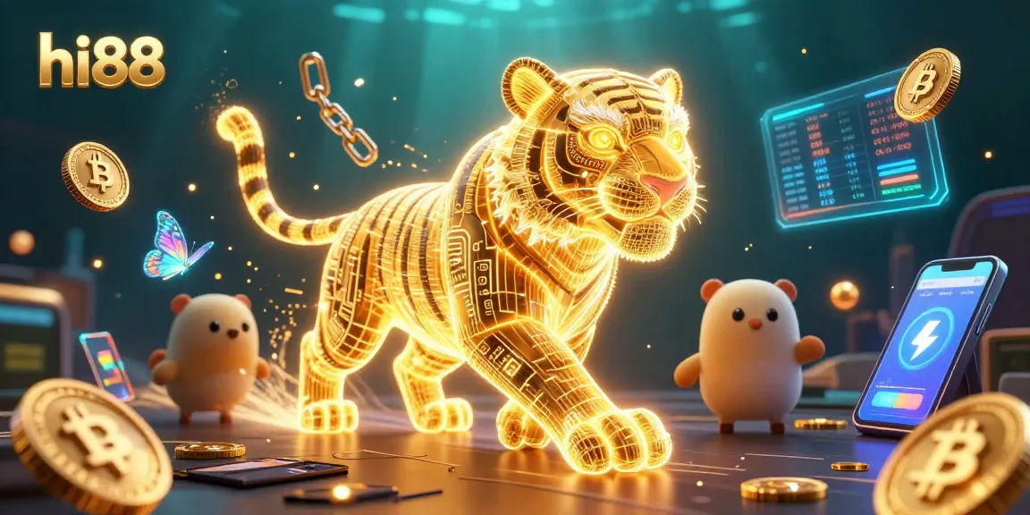 Engage with hi88's vibrant casino world, featuring a neon tiger and crypto elements.