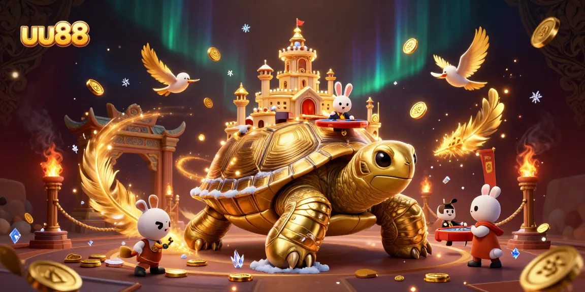 uu88 players engaging with a vibrant 3D casino scene featuring a golden tortoise and a rabbit dealer at the table.