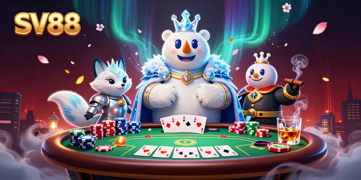 Play poker with SV88's animated polar bear king in a vibrant casino setting.