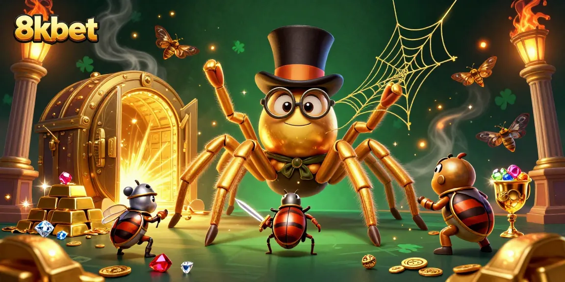 Experience the thrill of 8xbet with a dynamic casino scene featuring a giant golden tarantula and brave knight.
