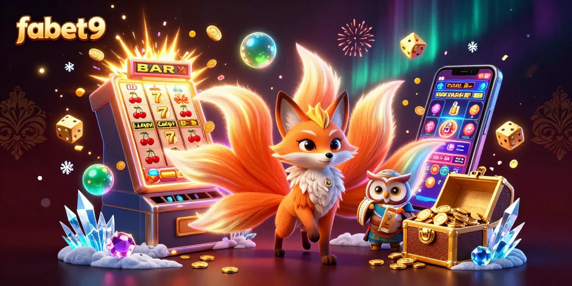 Experience the vibrant excitement of fabet9's casino games with a dynamic 3D illustration featuring a fox spirit, slot machine, and more.