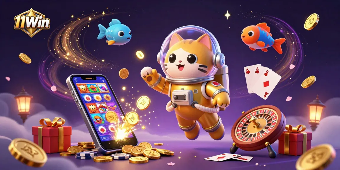 Play thrilling casino games with 11Win featuring a playful astronaut cat in a vibrant cosmic setting.