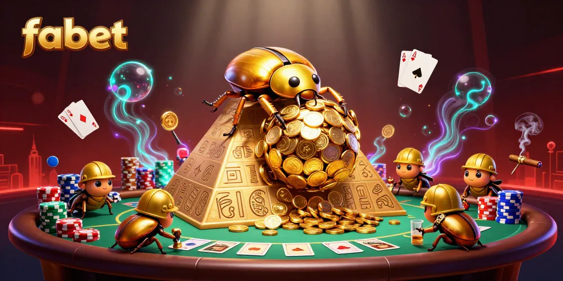 Engage in exciting gambling with fabet as a golden beetle rolls coins, showcasing poker elements.