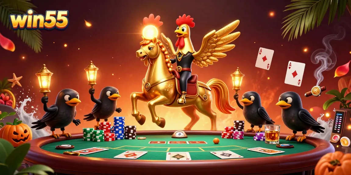 Experience the thrill of win55 at a vibrant casino with golden rooster characters and games galore.