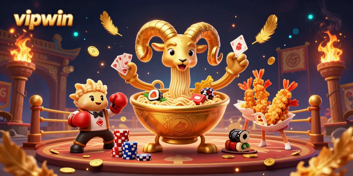 Engage in thrilling games at vipwin with a dynamic illustration featuring a golden ramen bowl, gyoza, and cheerful tempura shrimp.