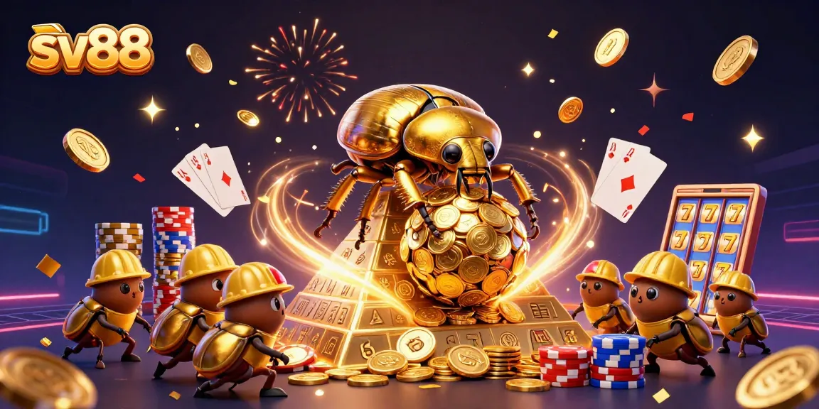 Spin and win at sv88 with vibrant casino elements and a golden dung beetle scene.