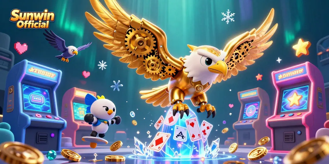 Engage with Sunwin Official's dynamic casino gaming experience featuring a golden eagle amid colorful arcade machines.