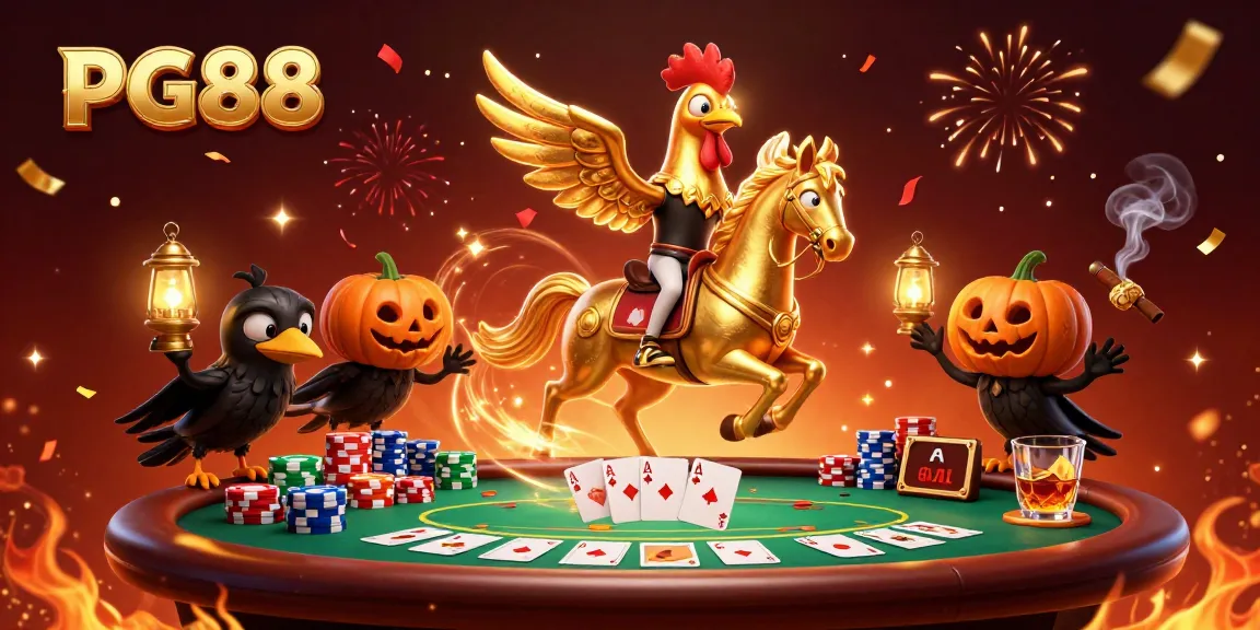 Engage with PG88 in a vibrant casino scene featuring a golden rooster and magical characters.