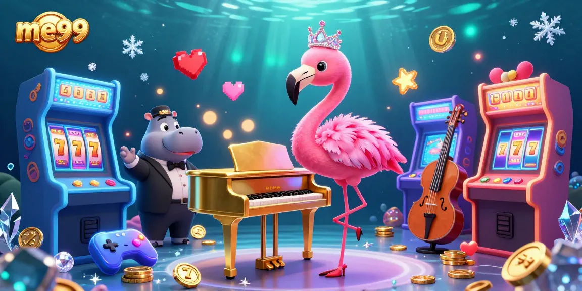 Experience the vibrant world of me99 with a pink flamingo singer and hippo bassist in a lively casino scene.
