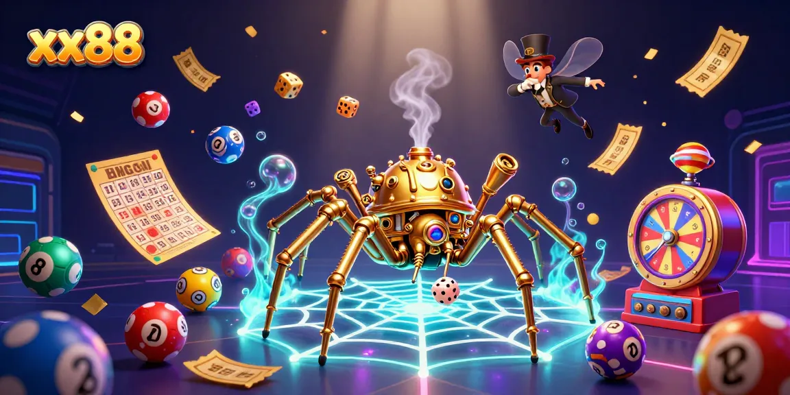 Engage with dynamic gaming action at xx88, featuring a steampunk spider and vibrant lottery elements.
