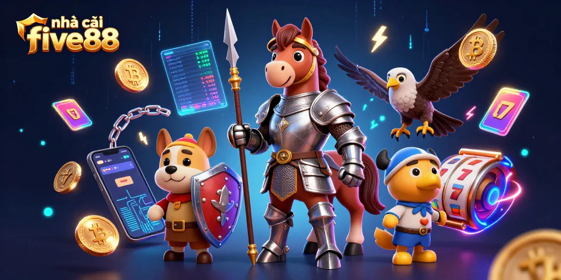 Join the excitement at nhà cái five88 with a vibrant casino scene featuring a knight, puppy, and falcon.