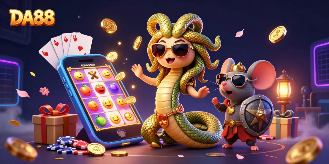 Join the fun at DA88 with Medusa and a warrior mouse in this dynamic casino scene featuring exciting games.