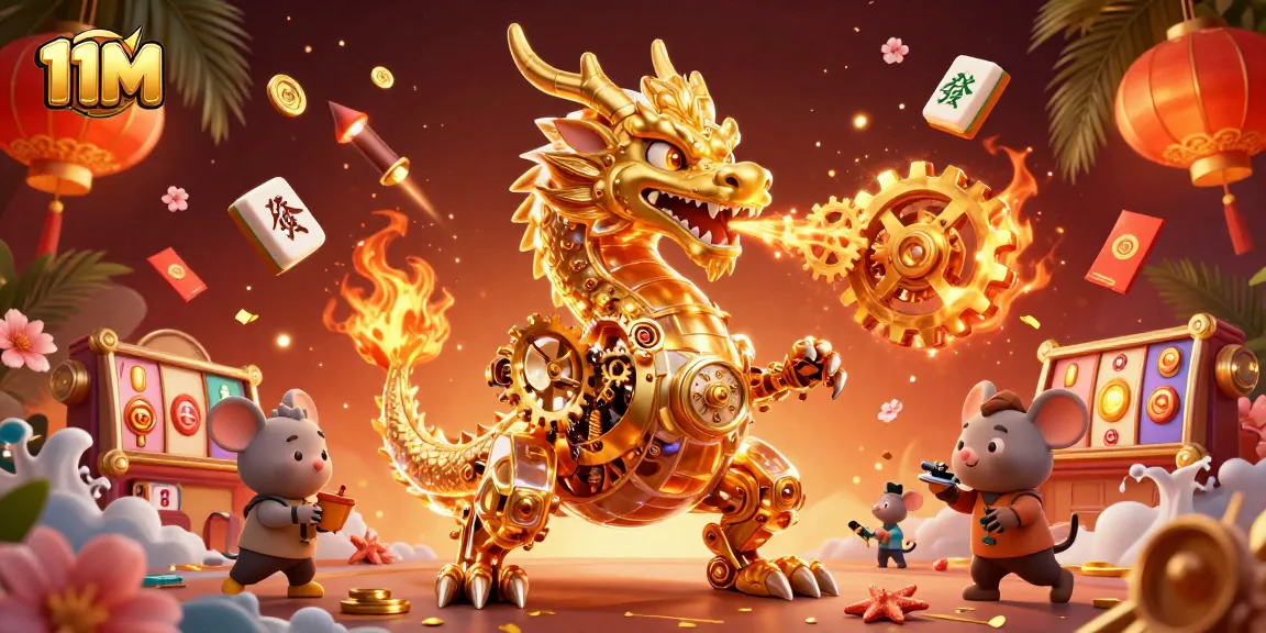 Engage with 11M's dynamic casino illustration featuring the golden dragon amid a vibrant gaming experience.
