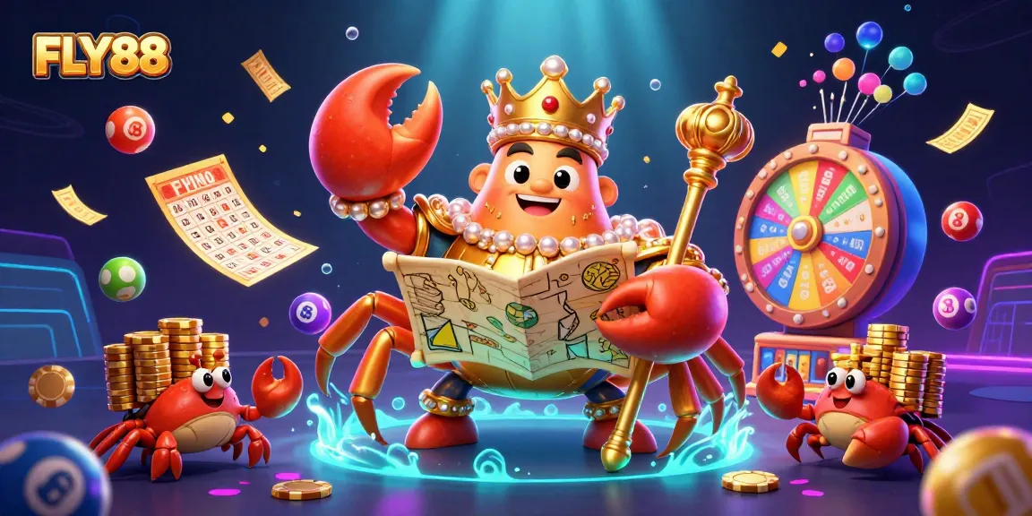 Spin to win exciting jackpots with FLY88's dynamic gaming scene featuring cartoon characters and vibrant elements.