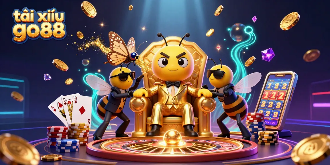 Engage with tài xỉu go88's thrilling atmosphere, where a cartoon bumblebee mob boss and wasp bodyguards dominate the scene amidst sparkling gems and coins.