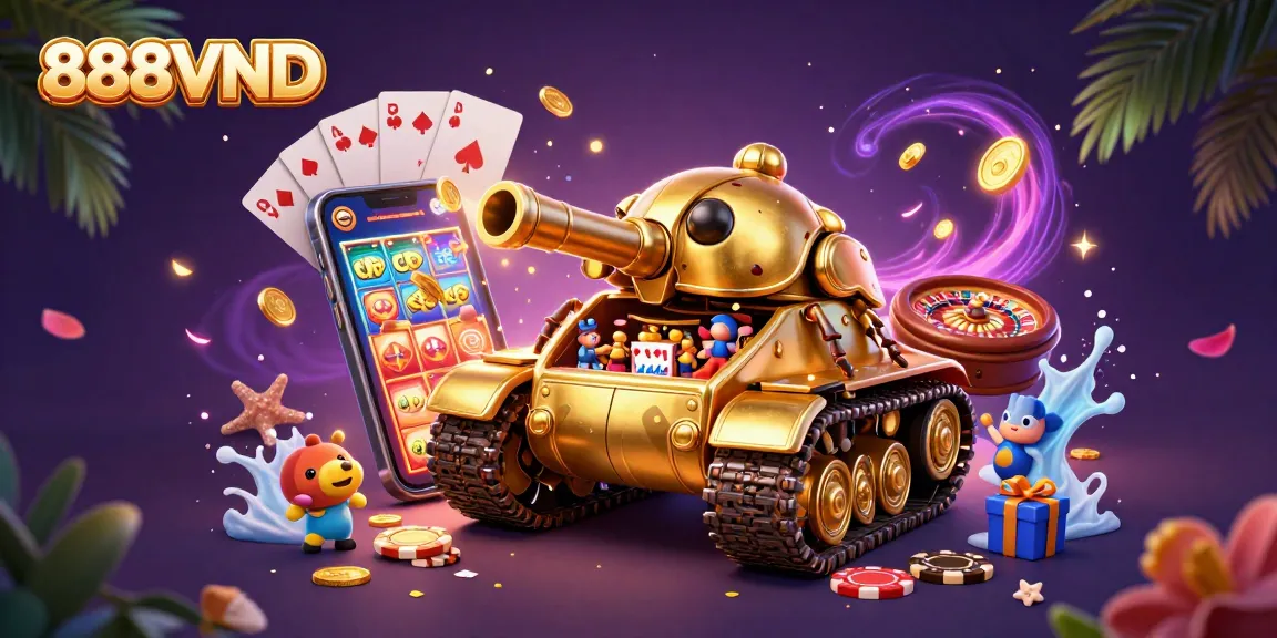 Engage with 888VND's vibrant casino world, featuring a golden beetle tank bursting with games and rewards.