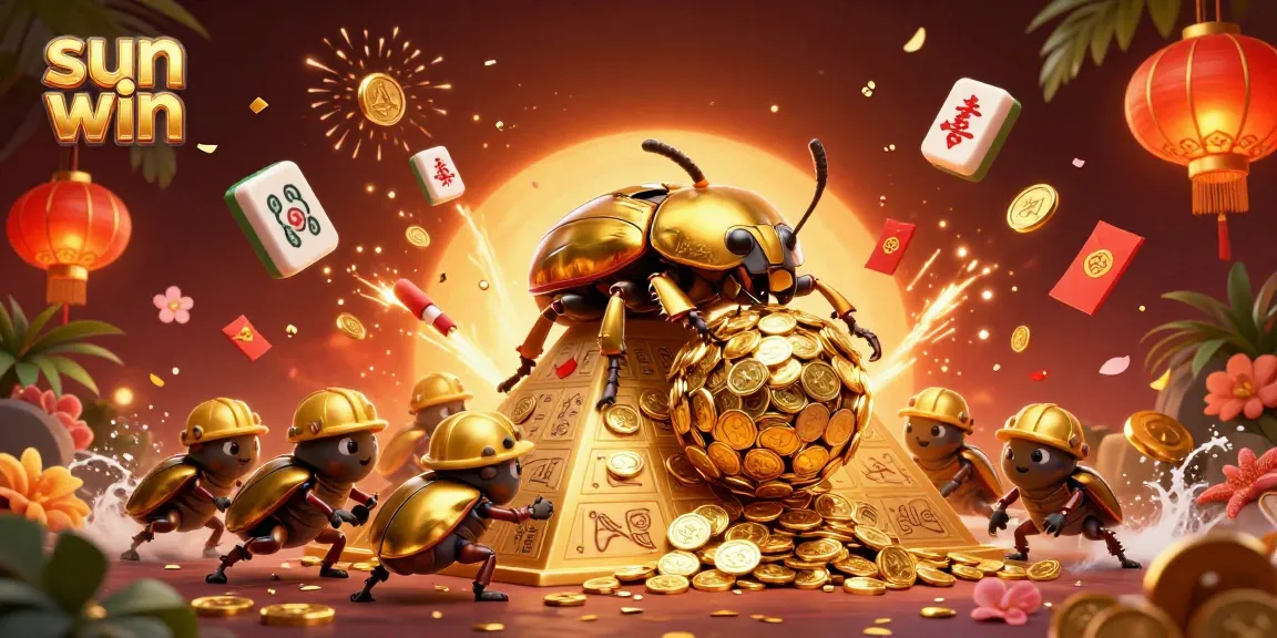 Spin to win big with sun win's vibrant casino-themed 3D illustration featuring golden beetles and festive elements.