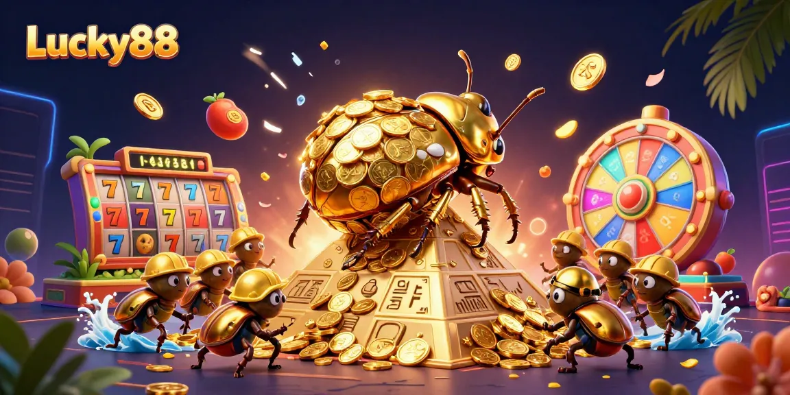 Experience winning moments with Lucky88 through a dynamic casino scene showcasing vivid slot symbols.