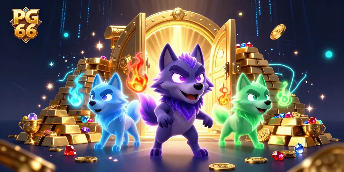 Experience the thrill of PG 66 with a glowing wolf and treasure in a vibrant casino setting.