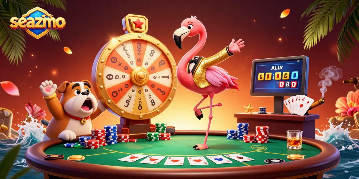 Engage with seazmo's vibrant casino scene featuring characters and poker elements.