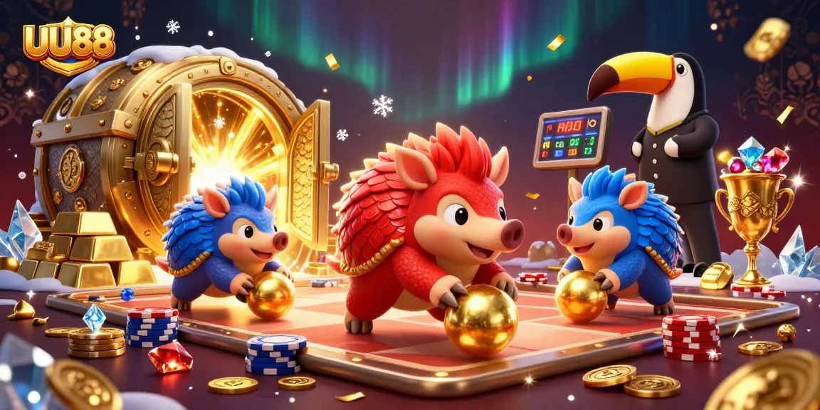 UU88 pangolins competing in a vibrant casino scene filled with gold and jewels