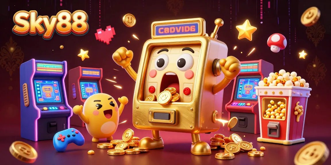 Celebrate thrilling wins at Sky88 with a lively 3D illustration of animated slot machines and casino games.