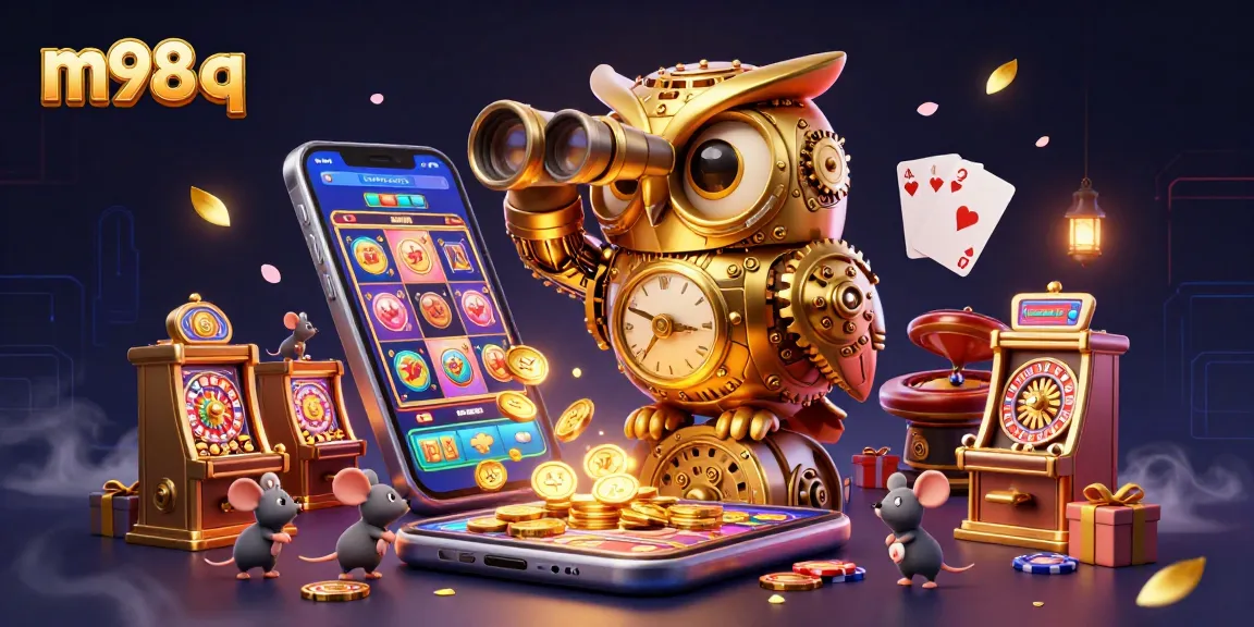 Engage with the m98 q slot game action, featuring a whimsical owl overseeing a bustling casino filled with vibrant elements.