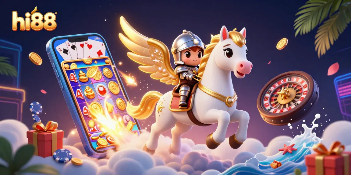 Experience the thrill of gaming at hi88 with a celestial horse and knight amidst vibrant casino elements.