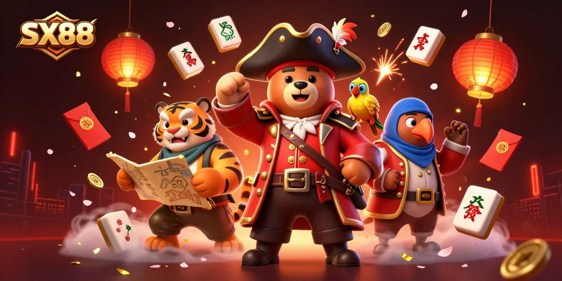 SX88 offers exhilarating gameplay with a 3D cartoon pirate captain bear and fierce tiger exploring vibrant mahjong treasures.