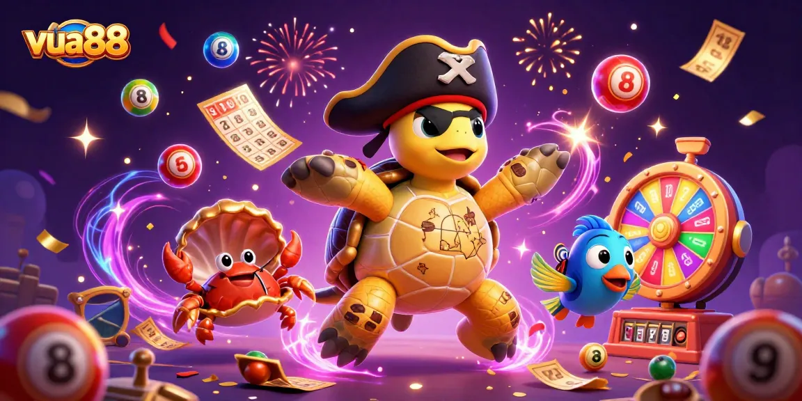 Engage in vibrant vui88 gaming actions featuring a cartoon pirate turtle and lively casino elements.