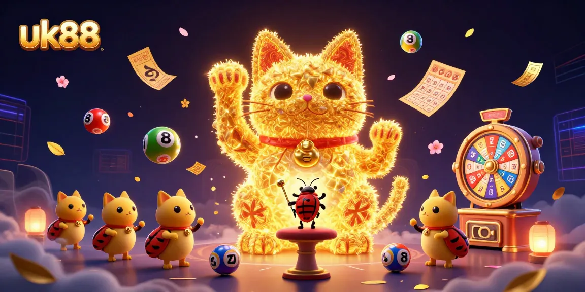Experience the excitement of uk88 with vibrant lottery balls and a giant lucky cat illustration.