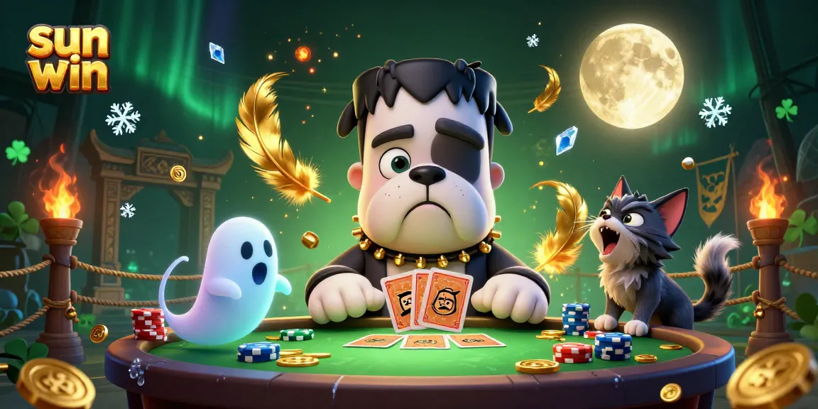 Experience thrilling games at sun win with a vibrant 3D illustration of a monster dealer amidst casino elements.