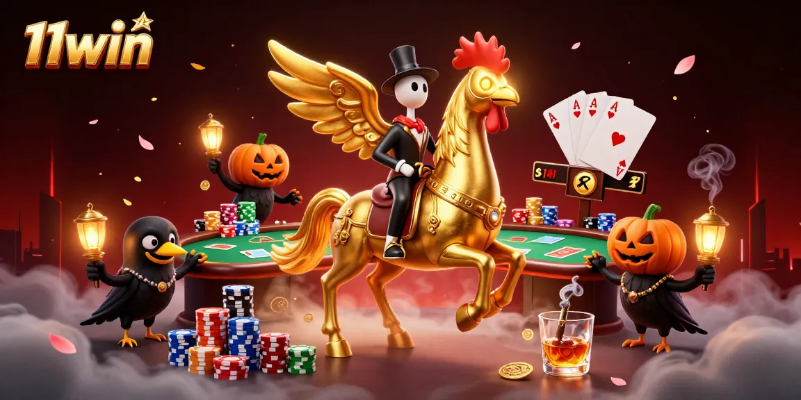 Engage in thrilling casino action with 11win as a golden rooster rides through a vibrant casino scene.