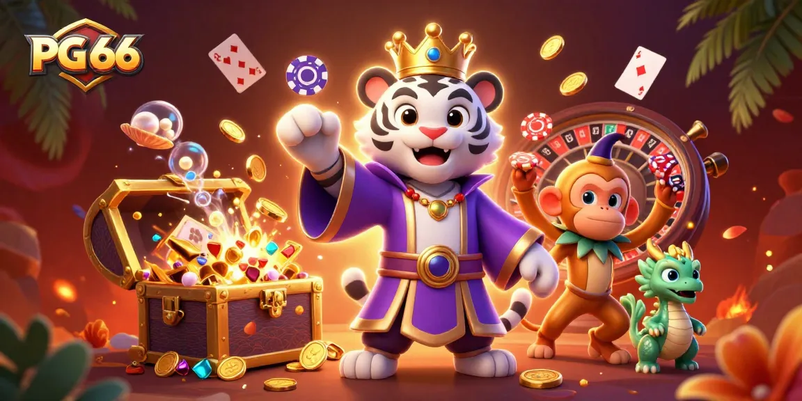 Experience PG 66 with exciting gameplay, as a tiger in royal robes and a monkey juggling chips create a lively atmosphere.
