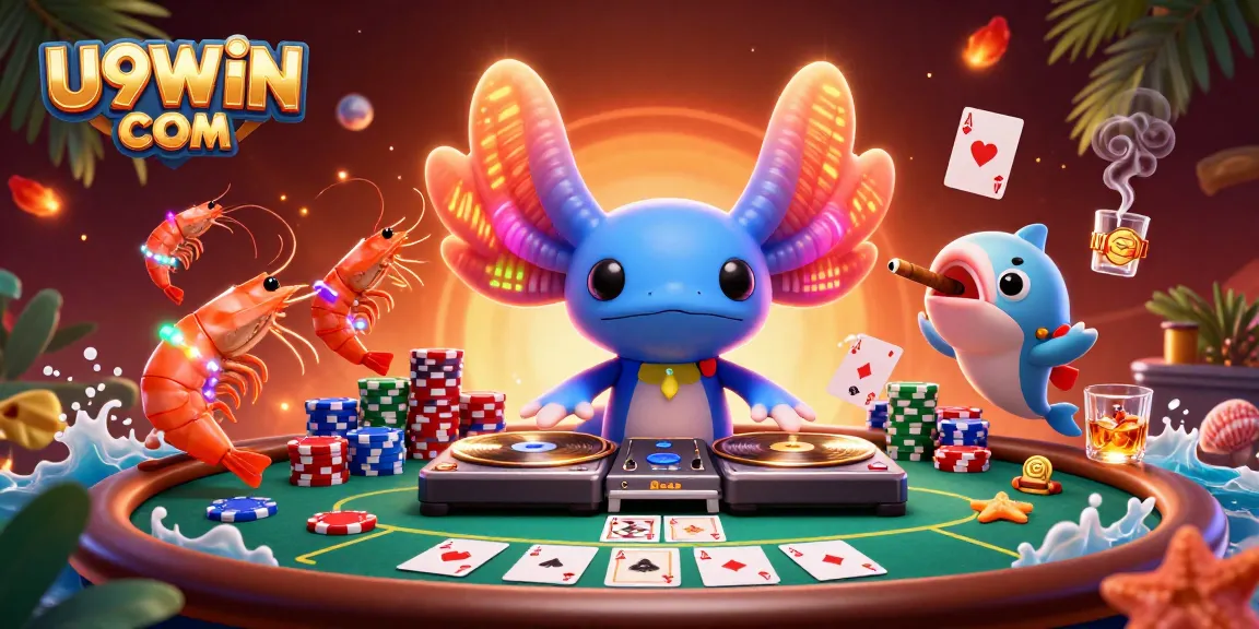 Win big at U9WIN COM with a vibrant underwater casino scene featuring playful characters and poker elements.