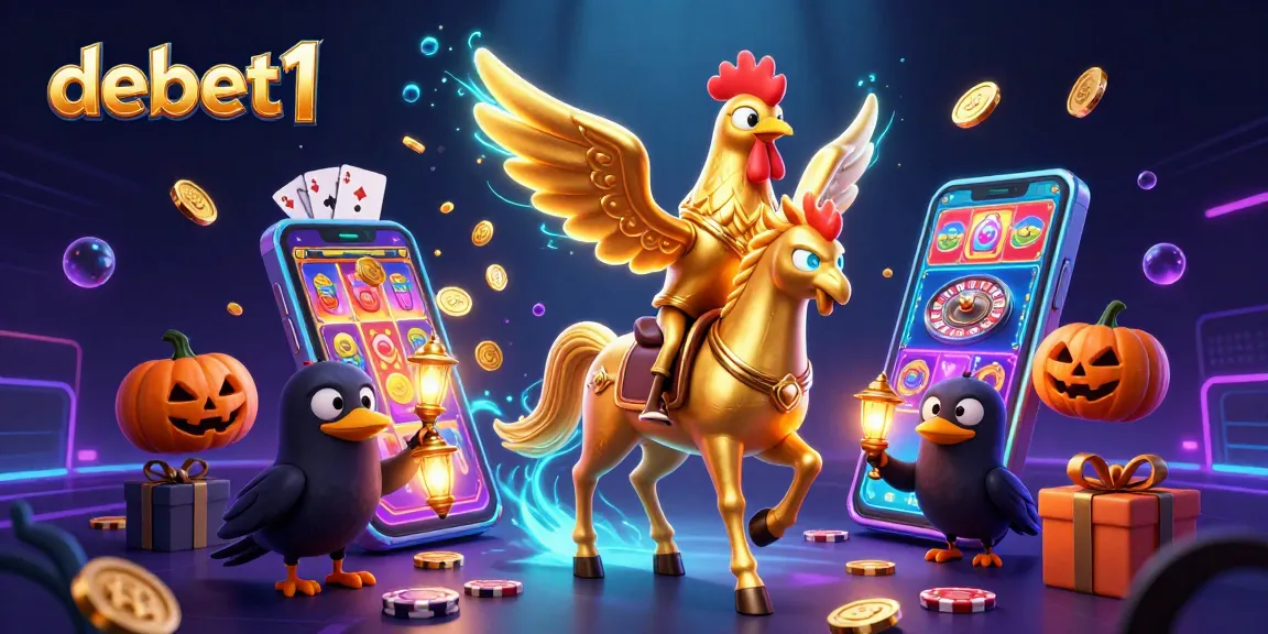 Experience the magic of debet1 featuring a golden rooster and casino elements in an animated scene.