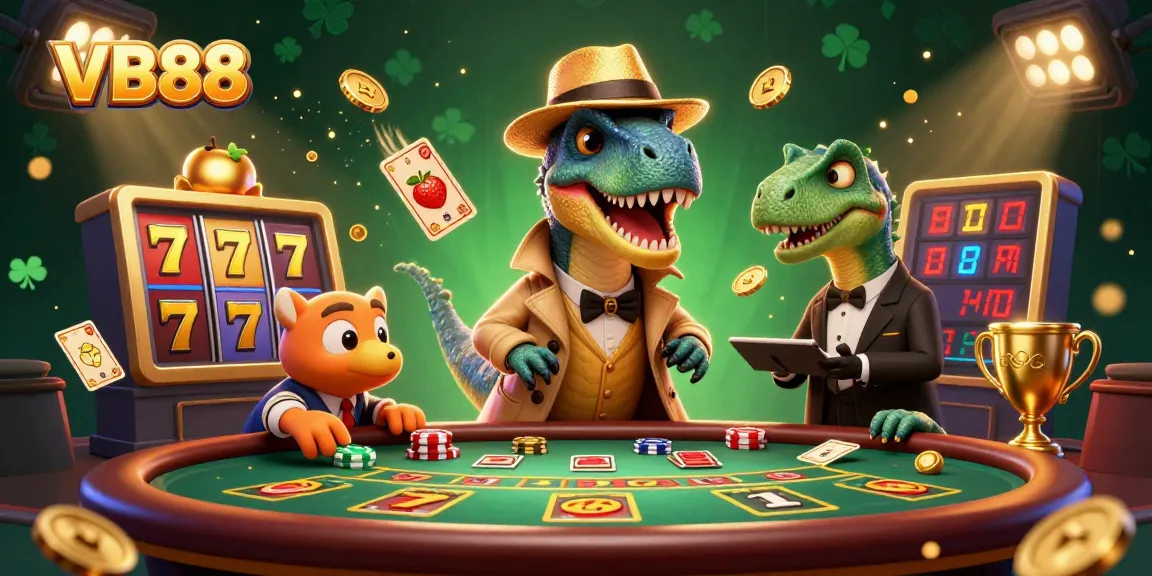 Experience the excitement of VB88 with a 3D velociraptor card counter at a blackjack table surrounded by dynamic casino elements.