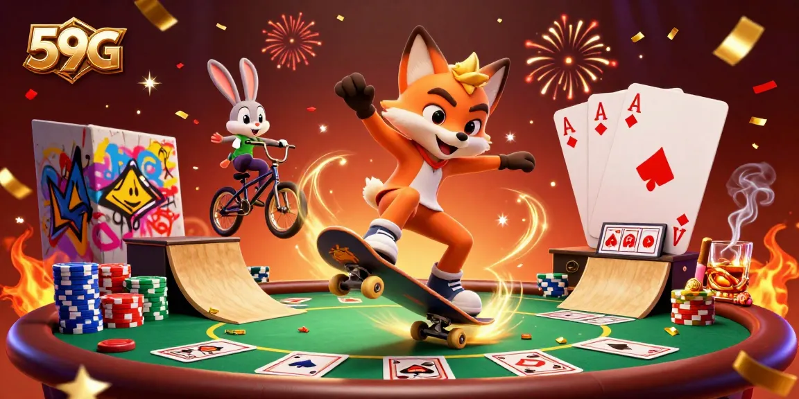 Experience the excitement of 59G with vibrant cartoon characters engaging in thrilling casino action.