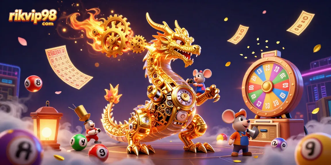 Experience thrilling gaming at rikvip98 com with a dragon and lottery elements in a vibrant 3D scene.
