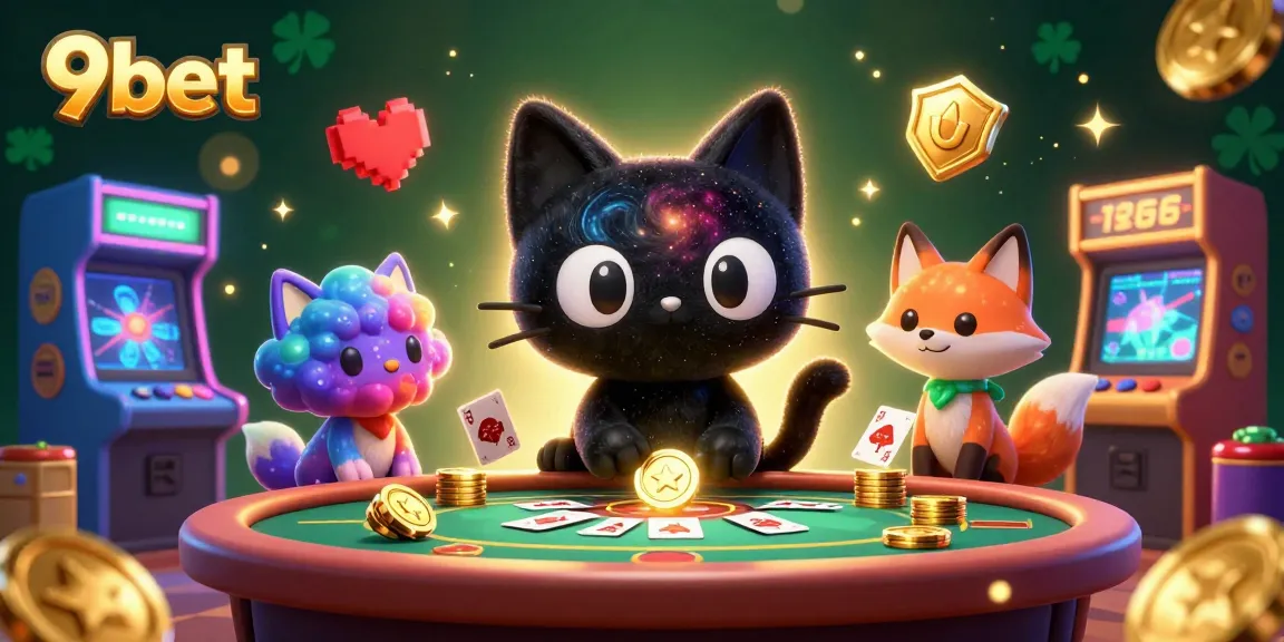 Experience the excitement of 9bet's cosmic casino with a captivating black hole cat and a cosmic fox.