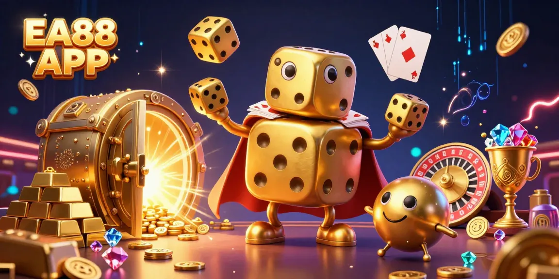 Win big with EA88 APP in a vibrant casino illustrated scene featuring gold and exciting elements.